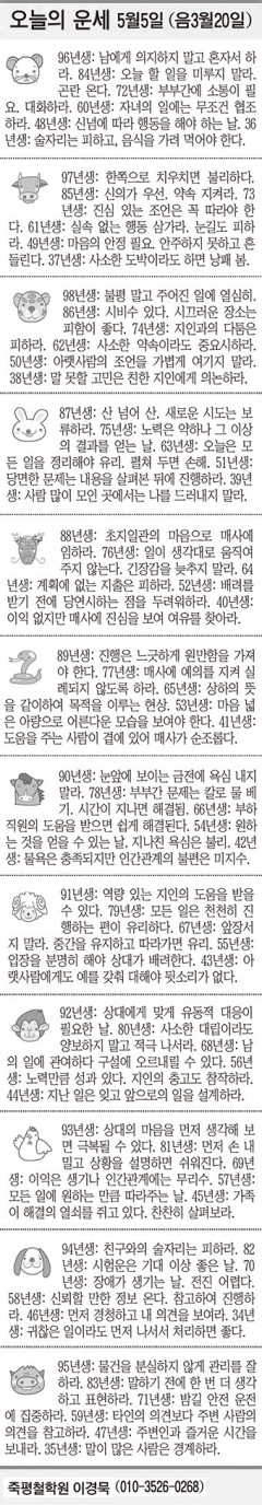 [오늘의 운세] 5월5일 (음 3월20일) (오늘의 띠별 운세) (생년월일 운세)