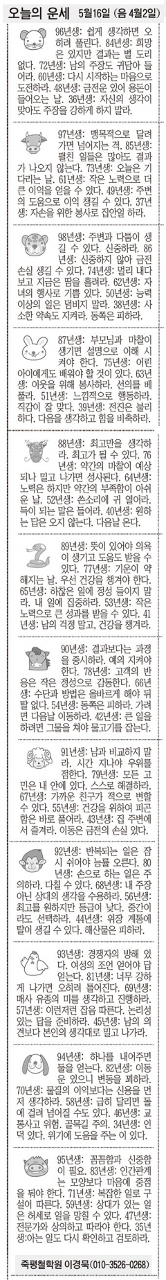[오늘의 운세] 5월16일 (음 4월2일) (오늘의 띠별 운세) (생년월일운세)