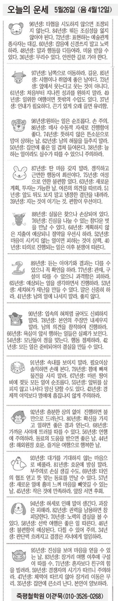 [오늘의 운세]  5월26일 (음 4월12일) (오늘의 띠별 운세) (생년월일 운세)