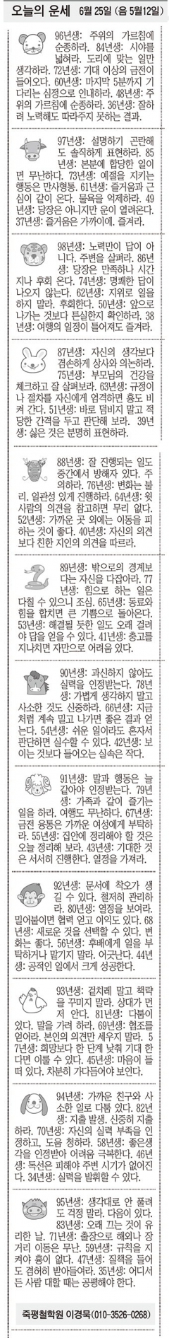 [오늘의 운세] 6월 25일 (음 5월12일) (오늘의 띠별 운세) (생년월일운세)