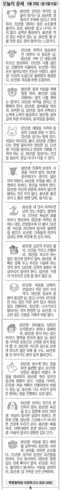 [오늘의 운세] 6월 29일 (음 5월16일) (오늘의 띠별 운세) (생년월일운세)