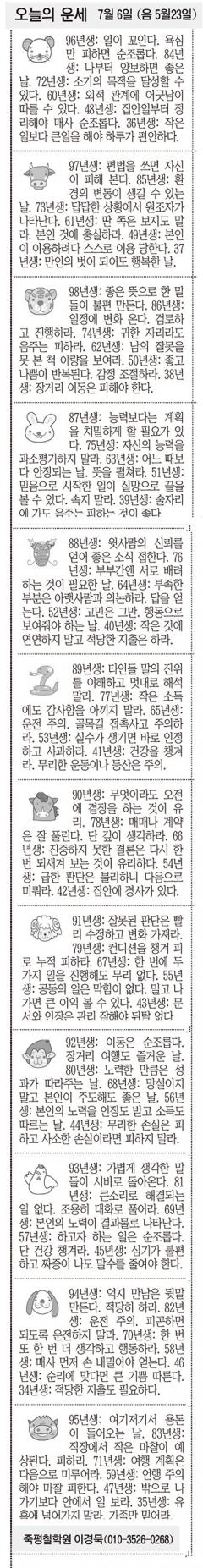 [오늘의 운세] 7월 6일 (음 5월23일) (오늘의 띠별 운세) (생년월일운세)