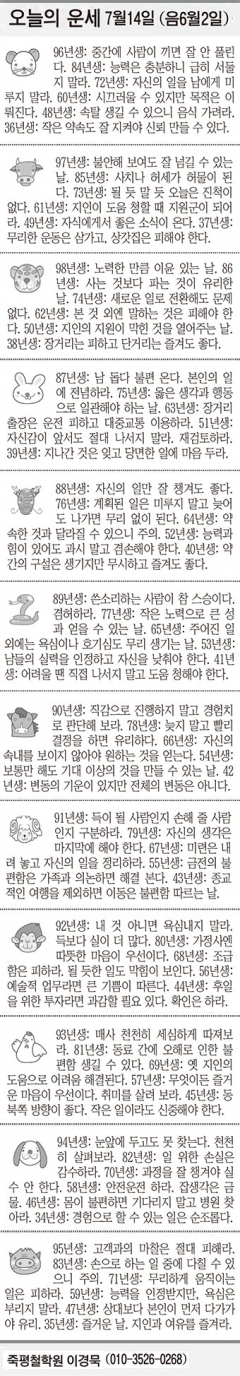 [오늘의 운세] 7월 14일 (음 6월2일) (오늘의 띠별 운세) (생년월일 운세)
