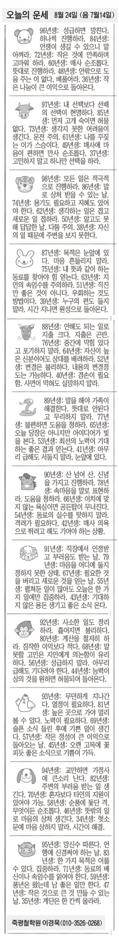 [오늘의 운세] 8월 24일 (음 7월14일) (오늘의 띠별 운세) (생년월일운세)