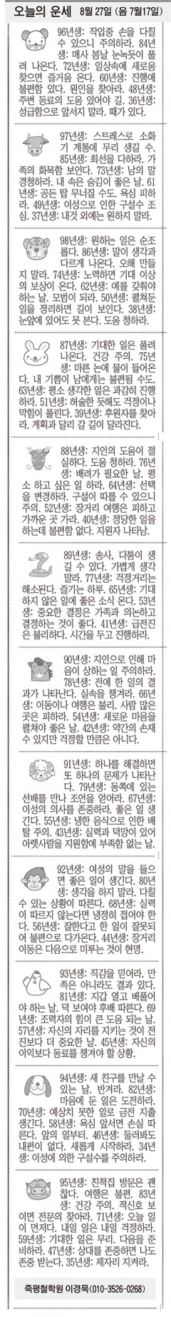 [오늘의 운세] 8월 27일 (음 7월17일) (오늘의 띠별 운세) (생년월일운세)
