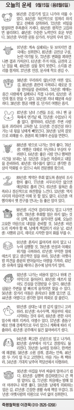 [오늘의 운세] 9월15일 (음 8월6일) (오늘의 띠별 운세) (생년월일 운세)