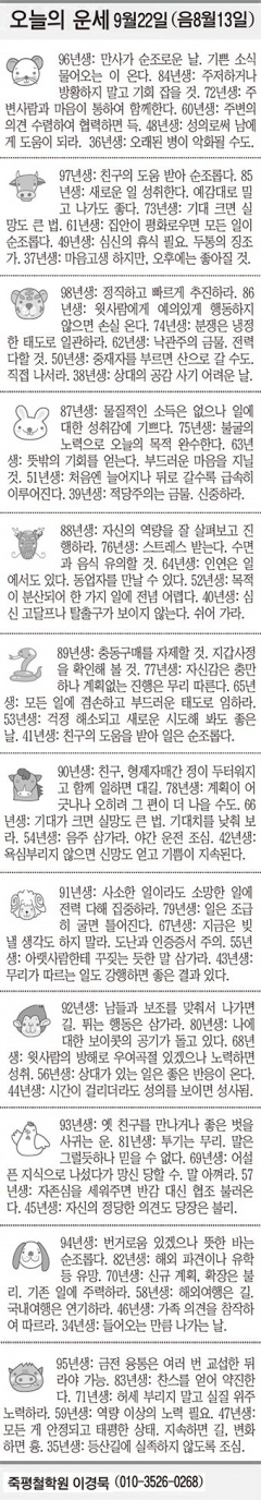 [오늘의 운세] 9월22일 (음 8월13일) (오늘의 띠별 운세) (생년월일운세)