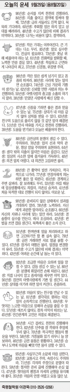 [오늘의 운세] 9월29일 (음 8월20일) (오늘의 띠별 운세) (생년월일 운세)