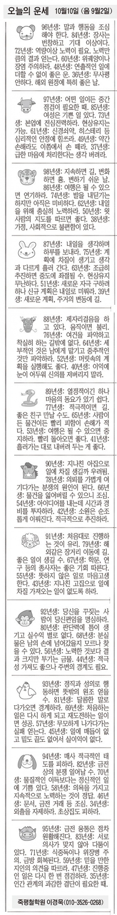 [오늘의 운세] 10월10일 (음 9월2일) (오늘의 띠별 운세) (생년월일운세)
