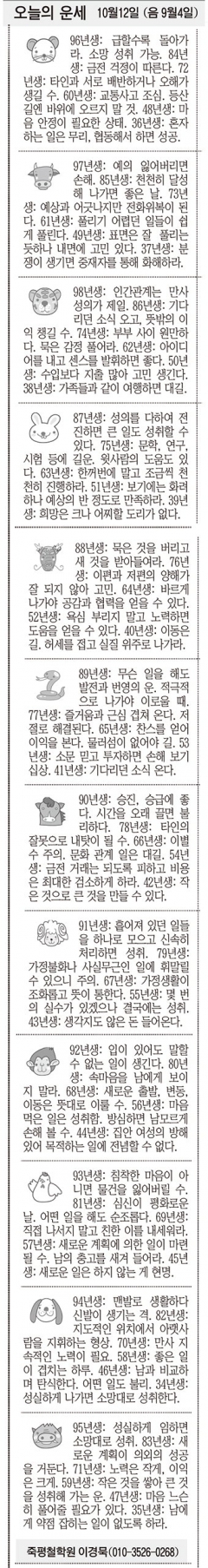 [오늘의 운세]  10월12일 (음 9월4일) (오늘의 띠별 운세) (생년월일운세)