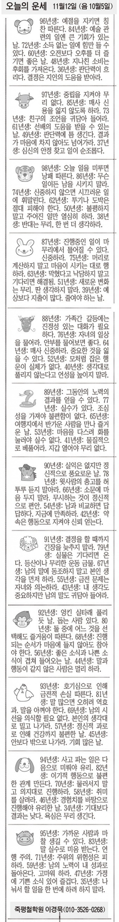 [오늘의 운세] 11월12일 (음 10월5일) (오늘의 띠별 운세) (생년월일운세)