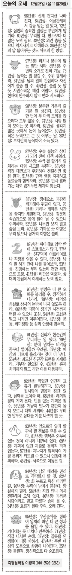 [오늘의 운세] 12월26일 (음 11월20일) (오늘의 띠별 운세) (생년월일운세)