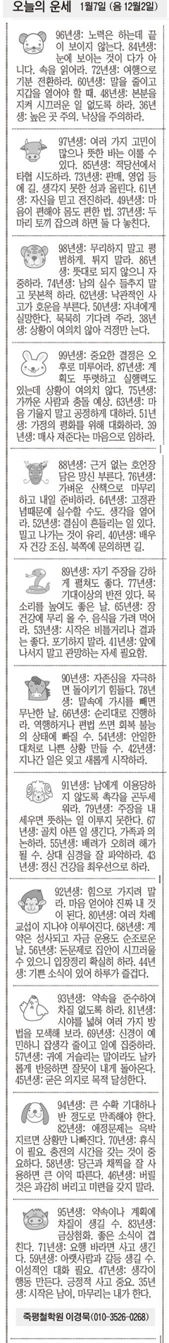[오늘의 운세] 1월7일 (음 12월2일) (오늘의 띠별 운세) (생년월일운세)