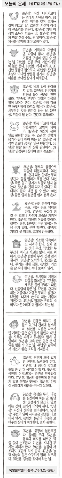 [오늘의 운세] 1월17일 (음 12월12일) (오늘의 띠별 운세) (생년월일운세)