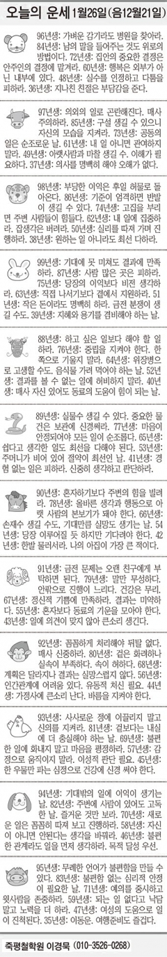[오늘의 운세] 1월26일 (음 12월21일) (오늘의 띠별 운세) (생년월일운세)