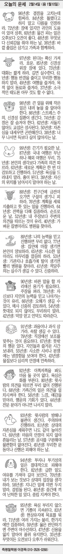 [오늘의 운세] 2월14일 (음 1월10일) (오늘의 띠별 운세) (생년월일 운세)