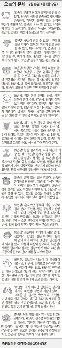 [오늘의 운세] 2월16일 (음 1월12일) (오늘의 띠별 운세) (생년월일 운세)