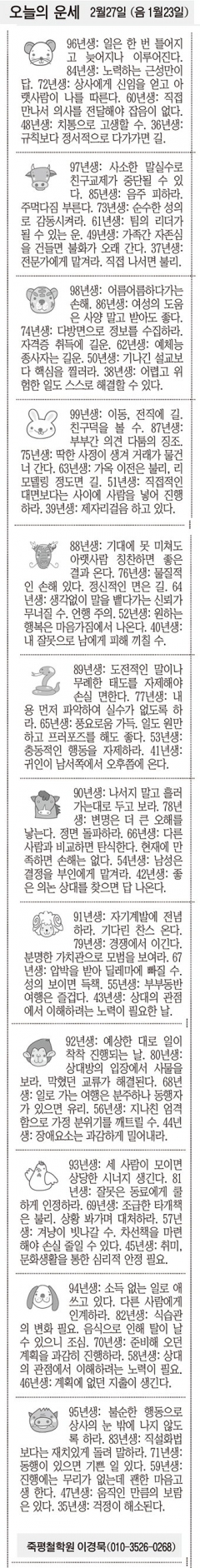 [오늘의 운세] 2월27일 (음 1월23일) (오늘의 띠별 운세) (생년월일운세)
