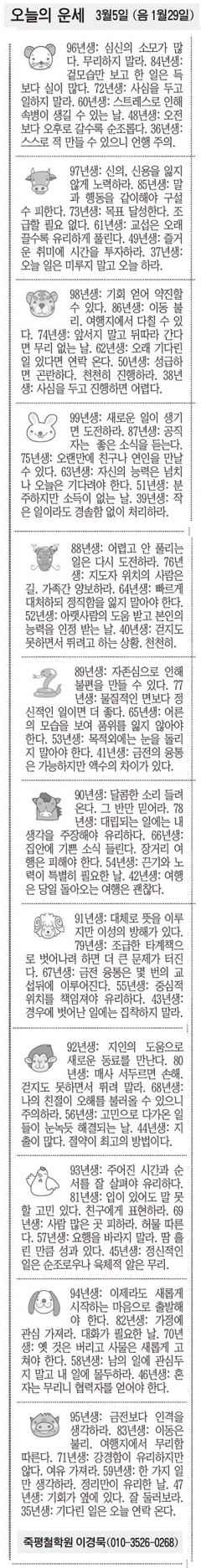 [오늘의 운세] 3월5일 (음 1월29일) (오늘의 띠별 운세) (생년월일운세)