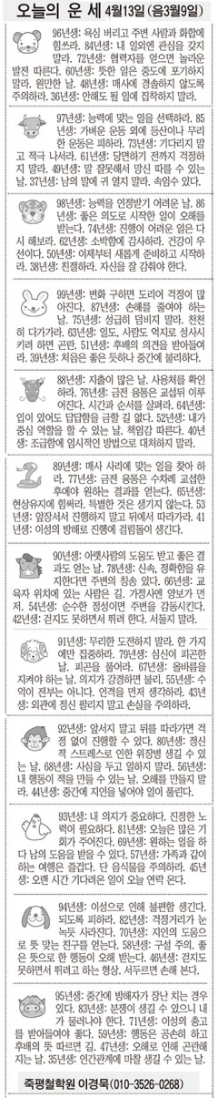 [오늘의 운세] 4월13일(음3월9일)(오늘의 띠별 운세) (생년월일운세)