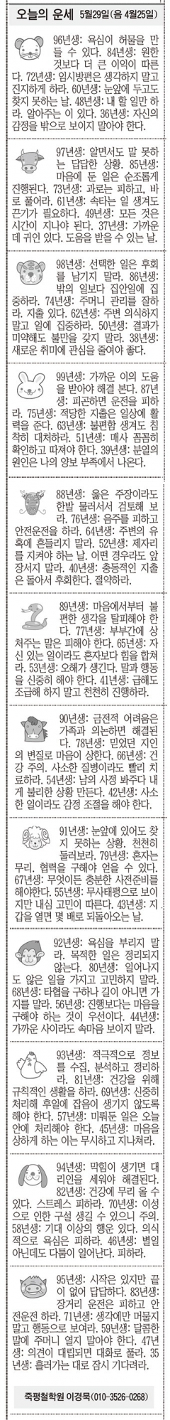 [오늘의 운세] 5월29일(음 4월25일) (오늘의 띠별 운세) (생년월일운세)
