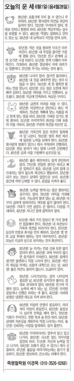 [오늘의 운세] 6월1일(음4월28일) (오늘의 띠별 운세) (생년월일 운세)