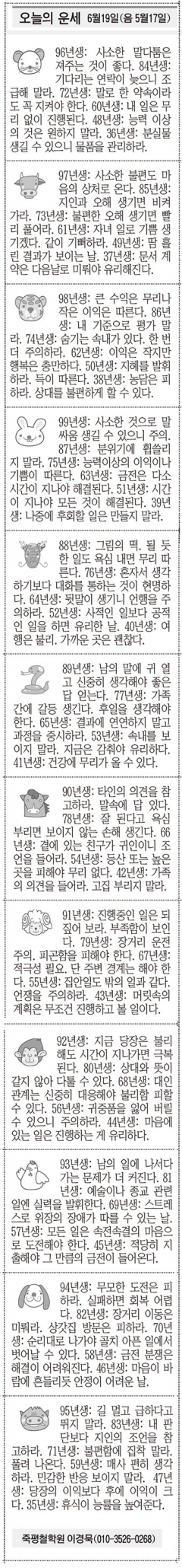 [오늘의 운세] 6월19일(음 5월17일)(오늘의 띠별 운세) (생년월일운세)