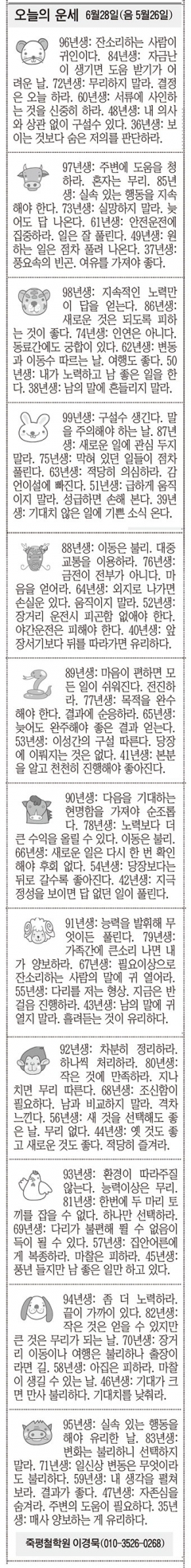 [오늘의 운세] 오늘의 운세   6월28일(음 5월26일) (오늘의 띠별 운세) (생년월일운세)