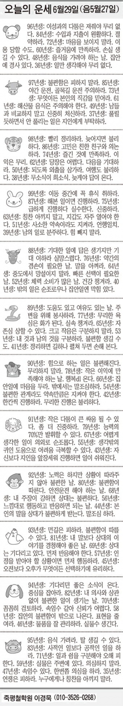 [오늘의 운세] 6월29일(음 5월27일) (오늘의 띠별 운세) (생년월일운세)
