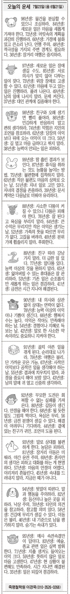 [오늘의 운세] 7월23일(음 6월21일) (오늘의 띠별 운세) (생년월일운세)