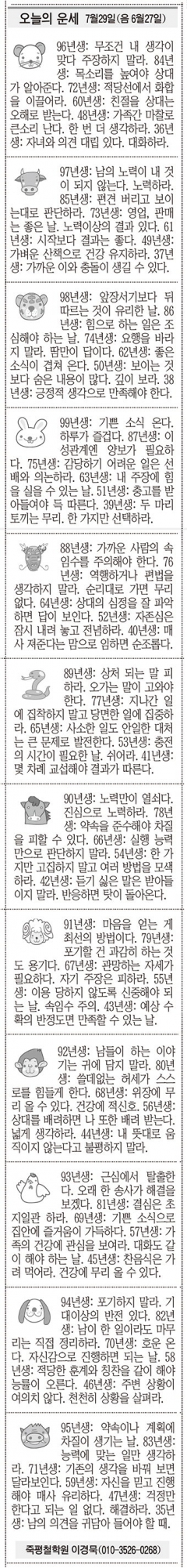 [오늘의 운세] 7월30일(음 6월28일) (오늘의 띠별 운세) (생년월일운세)