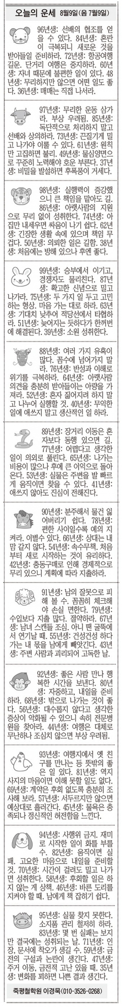 [오늘의 운세]  8월9일(음 7월9일) (오늘의 띠별 운세) (생년월일운세)