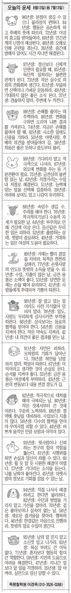 [오늘의 운세] 8월13일(음 7월13일) (오늘의 띠별 운세) (생년월일운세)