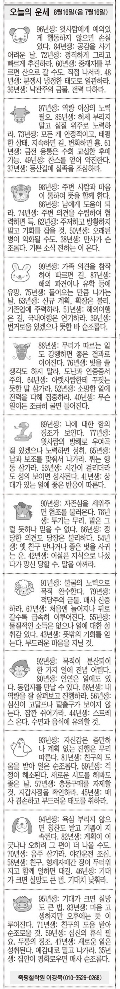 [오늘의 운세] 8월16일(음 7월16일) (오늘의 띠별 운세) (생년월일운세)