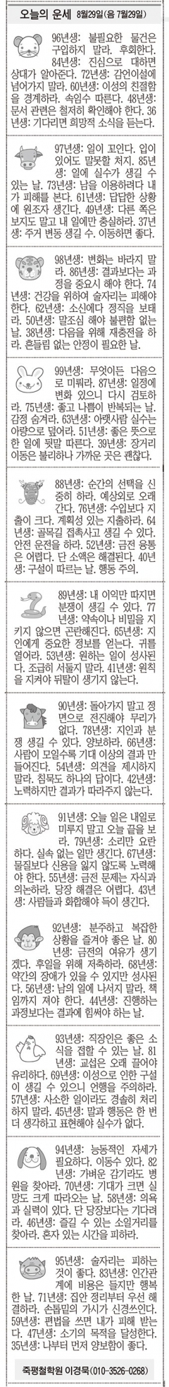 [오늘의 운세] 8월29일(음 7월29일) (오늘의 띠별 운세) (생년월일운세)