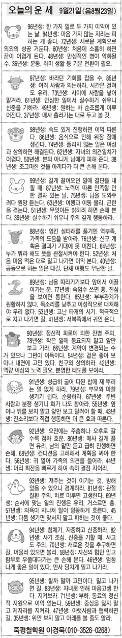[오늘의 운세] 9월21일(음8월23일) (오늘의 띠별 운세) (생년월일운세)