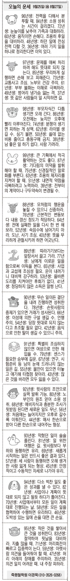 [오늘의 운세] 9월25일(음 8월27일) (오늘의 띠별 운세) (생년월일운세)