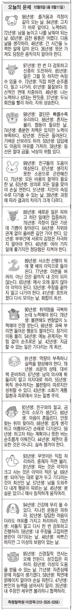 [오늘의 운세] 10월9일(음 9월11일) (오늘의 띠별 운세) (생년월일운세)