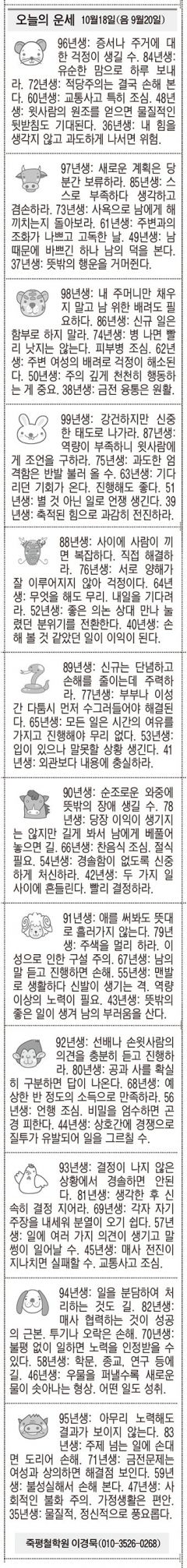 [오늘의 운세] 10월18일(음 9월20일) (오늘의 띠별 운세) (생년월일운세)