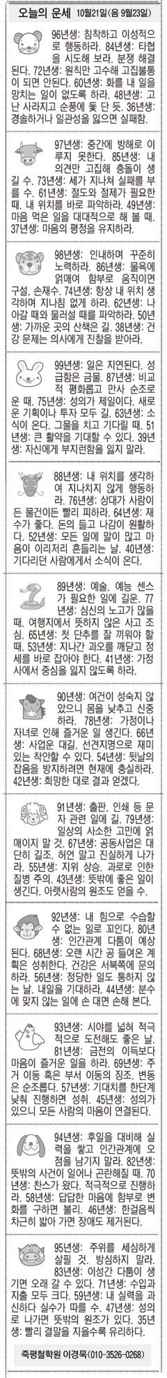 [오늘의 운세] 10월21일(음 9월23일) (오늘의 띠별 운세) (생년월일운세)