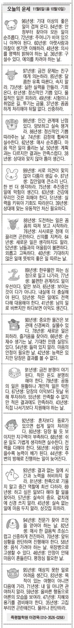 [오늘의 운세] 11월6일(음 10월10일) (오늘의 띠별 운세) (생년월일운세)