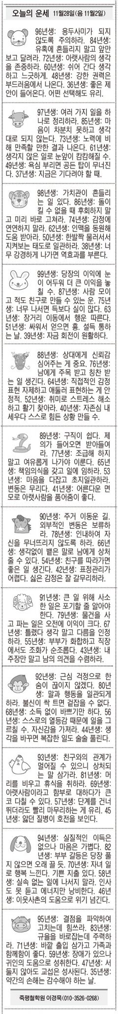 [오늘의 운세] 11월28일(음 11월2일) (오늘의 띠별 운세) (생년월일운세)