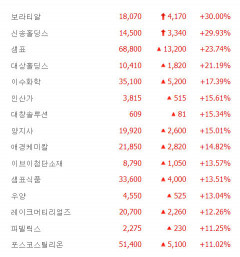 천일염 관련 보라티알·신송홀딩스 상한가, 대상홀딩스·인산가 급등