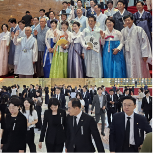 상반된 국회 개원식 복장 풍경…‘한복’ 대 ‘상복’의 정치